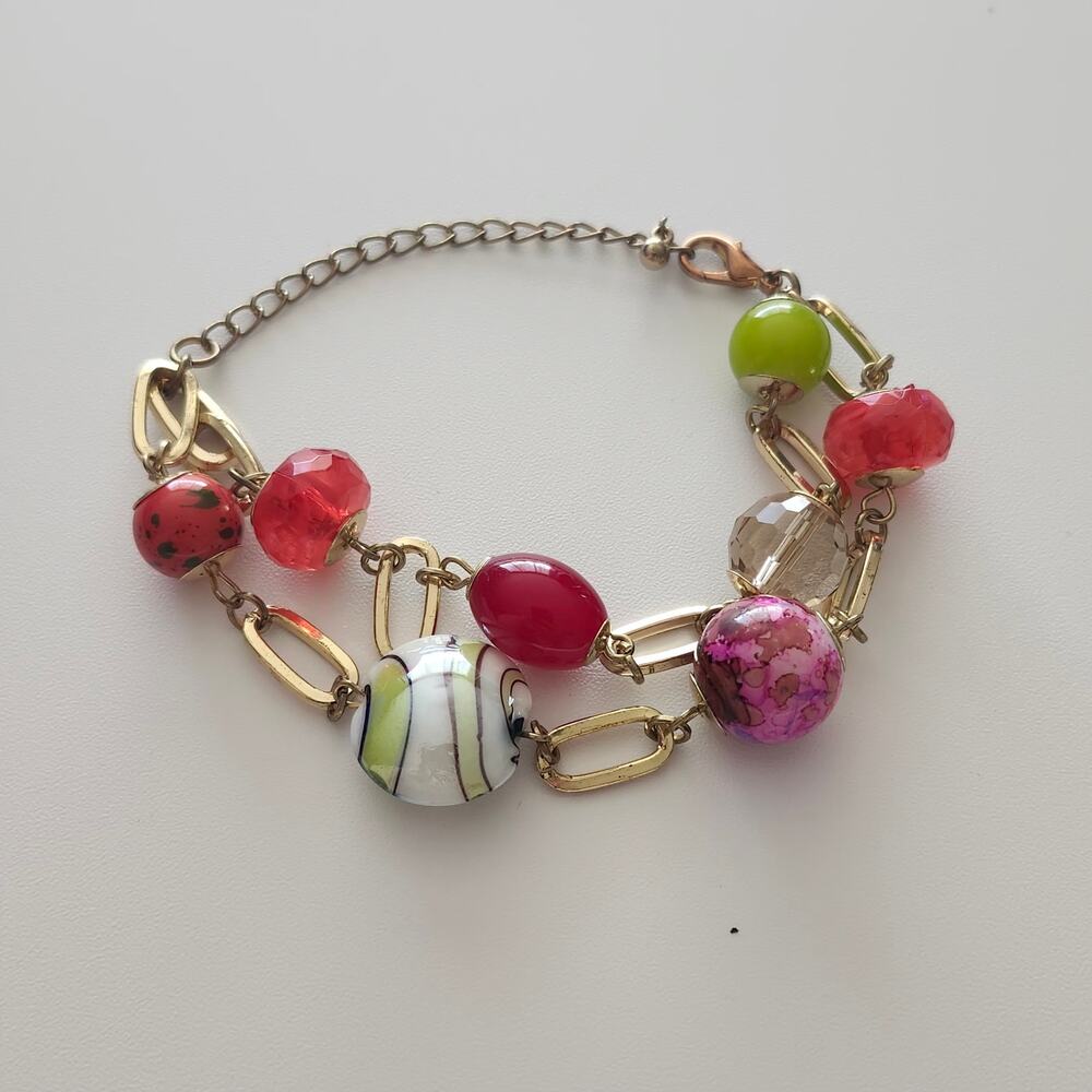 Gold Tone Multicolor Bead Bracelet Anklet Double Layer Front Adjustable Chain
